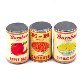 MyTinyWorld Set Of 3 Dolls House Miniature Burnams Brand Cans (1930s)