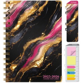 HARDCOVER Academic Year 2025-2026 Planner: (June 2025 Through July 2026) 5.5"x8" Daily Weekly Monthly Planner Yearly Agenda. Bookmark, Pocket Folder and Sticky Note Set (Dark Gold Marble)