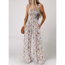 Dokotoo Jumpsuit Women's Summer Floral Pattern Dungarees Casual Loose Overalls Wide Leg Playsuit Long Romper with Pockets S-2XL, lightpink
