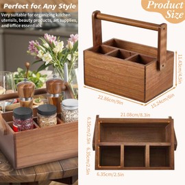 Acacia Wood Utensil Caddy with Handle, 4 Compartment BBQ Tool Holder & Napkin Organizer - Multipurpose Countertop Storage Box for Kitchen, Picnic, Office - Premium Wooden Desktop Basket (1)