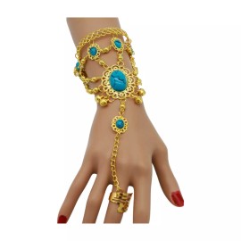 Unbranded Women Gold Metal Hand Chain Cuff Ethnic Bracelet Ring Turquoise Blue Beads Bells