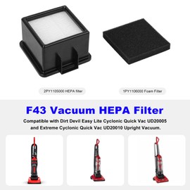 F43 Vacuum HEPA Filter Replacement Dirt Devil UD20005 UD20010 Cyclonic Quick Vac Upright Vacuums FOR Dirt Devil 2PY1105000, 1PY1106000 HEPA Filter and Foam Filters - 2 Pack