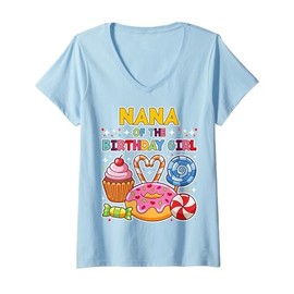 Womens Nana of the Birthday Girl Candyland Colorful Lollipop Party V-Neck T-Shirt