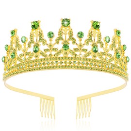 FASOTY Gold Tiara Green Crystal Crown with Combs Elegant Princess Tiaras and Crowns for Women Girls Rhinestone Headband for Bride Bridal Wedding Birthday Party Prom