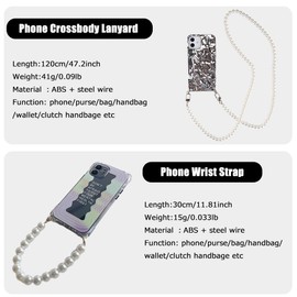 Turkalla 2Pcs Pearl Phone Crossbody Lanyard and Wrist Phone Strap,Universal Phone Strap Cell Phone Lanyard Crossbody Strap Phone Chain with 2× Tether Tab for Most Phones Bag Purse