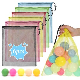 Pack of 6 Mesh Bags with Drawstring, Mesh Beach Bag, Small, Nylon Mesh Bag, Mesh Pack Sack for Sports, Swimming, Beach, Travel, Gym, Camping, Training