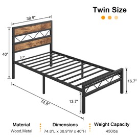 VECELO Twin Bed Frame Metal Platform with Wooden Headboard, Heavy-Duty Metal Slats Support, No Box Spring Needed, Non-Slip, Noise Free, Easy Assembly, Rustic Brown