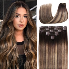Human Hair Clip in Hair Extensions 14 Inch 7Pcs Clip in Extensions Real Human Hair Balayage Chocolate Brown to Caramel Blonde Straight Remy Hair Extensions for Women 85g #4/4/27