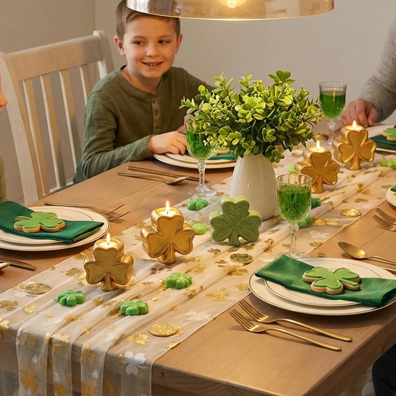 Beige Gauze Gold Shamrocks St.Patrick's Day Table Runner 120 Inch