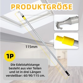 Dachfenster stockhaken Stange für Dachboden Haken Bodentreppe - Bodentreppe Ziehhaken mit Ziehstab, 4-teilige Stange Dachboden Haken, 115 cm, Dachbodenluke öffnen/schließen
