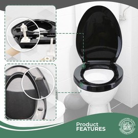 Renovators Supply Manufacturing Black Plastic Soft Close Elongated Toilet Seat Quiet-Close Lid, Contoured Seat Easy To Install And Clean, Grip-Tight Bumpers With Adjustable Mounting Hardware