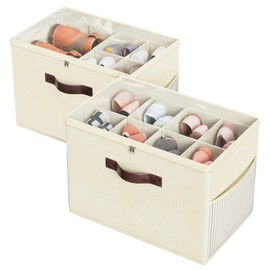 Budding Joy 2 Pack Shoe Organizer for Closet, Clear Foldable Shoe Storage Containers Adjustable Dividers Fits 16 Pairs,Shoe Storage Bins Baskets Boxes with Reinforced Handles Beige Yellow