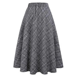 Ylingjun Long Plaid Wool Skirt for Womens Winter Fall Warm High Elastic Waist A line Flared Pleated Wool Tartan Skirts, Black White, XX-Large