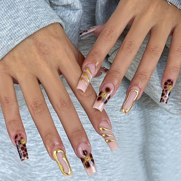 NEWSPIED Press on Nails Long Square Chrome Gold Acrylic Glossy