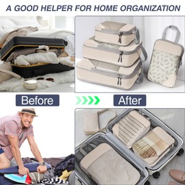 WUFANC Pack of 4 Packing Cubes, Compression, Suitcase Organiser, Packing Bags Set, Easy to Store, Breathable, Visible Mesh Suitcase Organiser Set, Durable Mesh Travel Organiser (Beige)