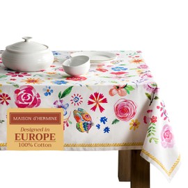 Maison d'Hermine Tablecloth, 100% Cotton, Decorative, Washable, Square Tablecloth for Mother's Day Gifts, Dining, Buffet Parties, Happy Florals - Sweety - Spring/Summer (160 cm x 220 cm)