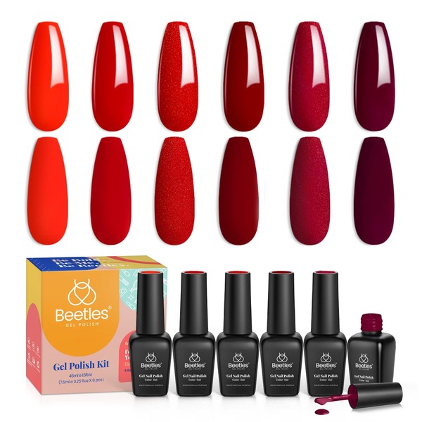 Beetles Bloody Mary Red Gel Nail Polish Set - 6 Pcs Shimmer Red Burgundy Red Gel Polish Red Glitter Nail Polish Soak Off UV Nail Lamp Gel Nail Kit Nail Art Manicure Kit Mother's Day Gifts for Women…