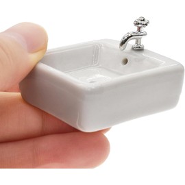 1:12 Scale Ceramic Sink with Removable Faucet - Miniature Dollhouse Bathroom and Kitchen Accessories for Victorian Style Decor, Realistic Doll House Furniture (Durable Resin Basin Set)