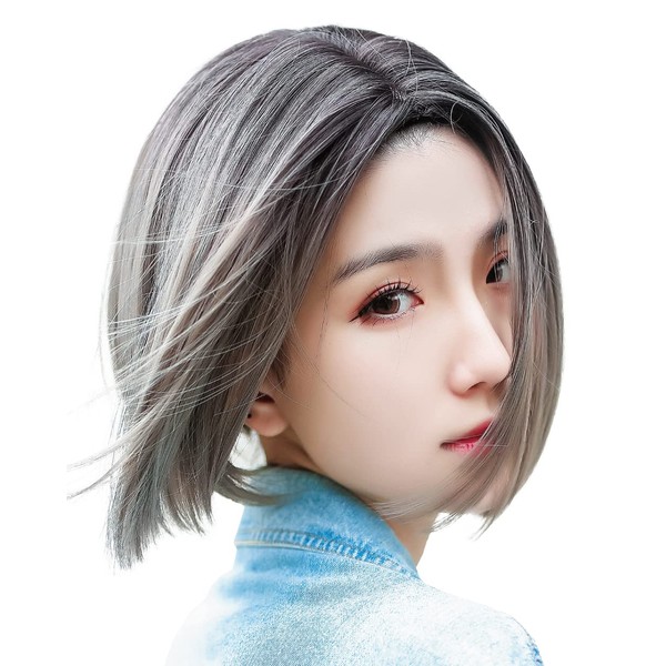 TefuRe ST-9015BLK-GRY Wig, Full Wig, Short, Straight Bob, Heat Resistant,