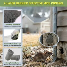 Lipulacer Steel Wool Mice Control, 3 Pack 3’’x11.5Ft Steel Wool & 1 Pack 5’’x15Ft Stainless Steel Wire Mesh with Gloves, Scissors & Wood Stick, Mouse Hole Filler DIY Kit for House & Garage, Wall Gaps