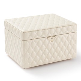 VEE&CO. Jewelry Box,Diamond Quilted Leather jewelry organizer earring holder organizer necklace organizer 2-Layer Jewelry Case with Drawers, with Key Lock,gifts for women (beige, Medium)