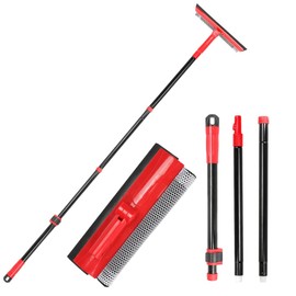 Long Handle Window Squeegee,2-in-1 Glass Squeegee Have 63" Adjustable Soft Rubber Blade & 10" Absorbent Sponge Head for Car Windshield, Gas Station, Shower and Glass,Red