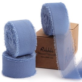 Ribbli Dusty Blue Ribbon 1 Inch x 3 Rolls Total 24 Yards Blue Handmade Fringe Chiffon Silk Ribbon for Wrapping Wedding Invitations Bridal Bouquets DIY Crafts Home Decor