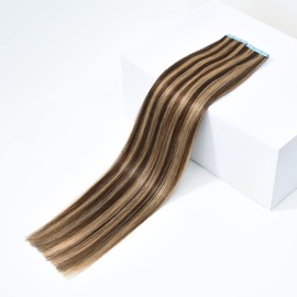 ROSEBUD Tape in Hair Extensions REMY Human Hair, Secure Skin Weft Hair Extensions Seamless 50g/Pack 20Pcs 14 Inch Medium Brown & Dark Blonde Mixed