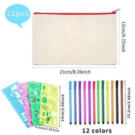 Pack of 10 DIY Blank Fabric Bags, Travel Toiletry Bag, Canvas Cosmetic Bag, Comes with 4 Drawing Templates, for Travel Make Up Bags, Storage Stationery, 12, 12 US