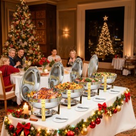 WARMOUNTS Round Chafing Dishes for Buffet 4 Pack, 5QT Gold Stainless Steel Chafers and Buffet Warmers Sets with Lid Holder, Rolled Rim Process, Stackable Design, for Catering, Parties, Weddings