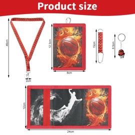 GmeDhc Kids Wallet, Kids Wallet Folding Purse with Carabiner, Neck Strap and Key Ring for Boys Girls, Basketball A, Fashion.