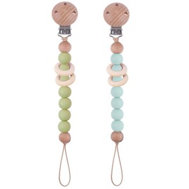 2Pcs Wood Silicone Pacifier Clip Baby Pacifier Holder Binky Clips for Baby Girl and Boys (Green)