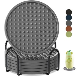 KEHOUXRE Coasters for Drinks 6 Pack Drink Coasters with Holder,Heat Resistant Silicone Coasters Tabletop Protection,Non-Slip Rubber Coasters for Kinds of Cups (Grey)