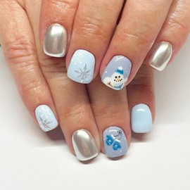 Christmas Press on Nails Short Square NEWSPIED Baby Blue Fake Nails with Snowman Designs Winter Acrylic Nails Short False Nails Glossy Silver Full Cover Stick on Nails for Women Girls 24Pcs
