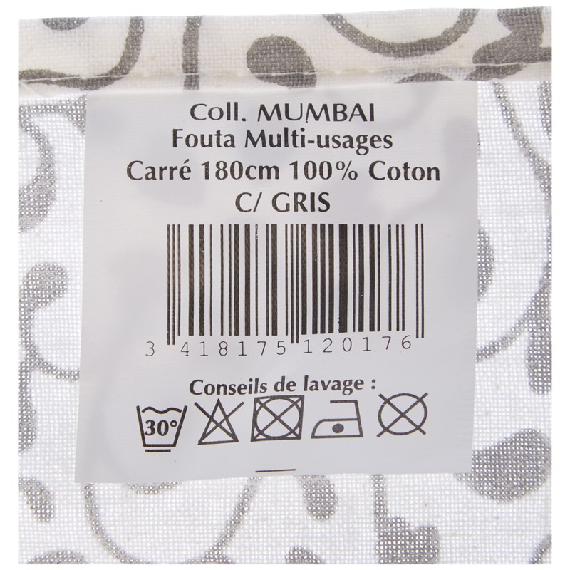 Soleil d'Ocre Mumbai Fouta, Cotton, Grey, 180 x 180 cm