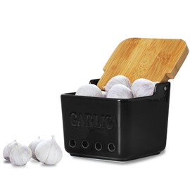 ONTUBE Garlic Keeper with Lid, Ceramic Garlic Holder Storage, Garlic Container for Kitchen, Garlic Saver to Keep Your Garlic Cloves Fresh Longer 4.7-Inch, Black