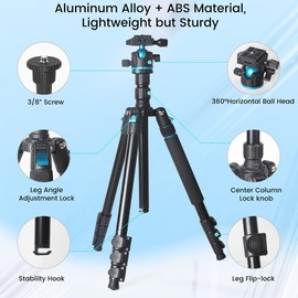 JAFUQAW Camera Tripod,68" / 174cm Lightweight Travel Tripod & Monopod with 360°Ball Head Payload 33lbs,Adjustable Height from 17" to 68" Professional Tripod for DSLR Camera Shooting