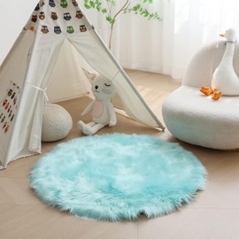 HARESLE Round Rugs Living Room,Non-Slip Faux Fur Rug,Washable Carpet for Bedroom,Lounge,Play Area,Light Blue/Diam 20 inch