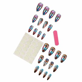 Almond Press on Nails Medium Fake Nails Vintage Feather Almond Shape Glue on Nails Glossy Bohemian Style Acrylic Nails Full Cover False Nails with Jelly Glue Reusable Stick on Nails for Women 24PCS