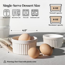 DOWAN Ramekins 8 oz Oven Safe with Lids, Creme Brulee Ramekins Bowls, Porcelain Ramiken Souffle Dishes, Custard Cups for Baking, Small Bowls for Pudding Dip Sauces Charcuterie Dessert, Soft White, Set of 6