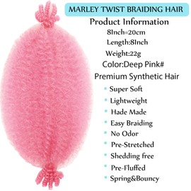 8 Packs Springy Afro Twist Hair Deep Pink Marley Twist Braiding Hair 8 Inch Kinky Twist Hair Short Marley Hair Wrapping Hair for Soft Locs Passion Hair Extensions