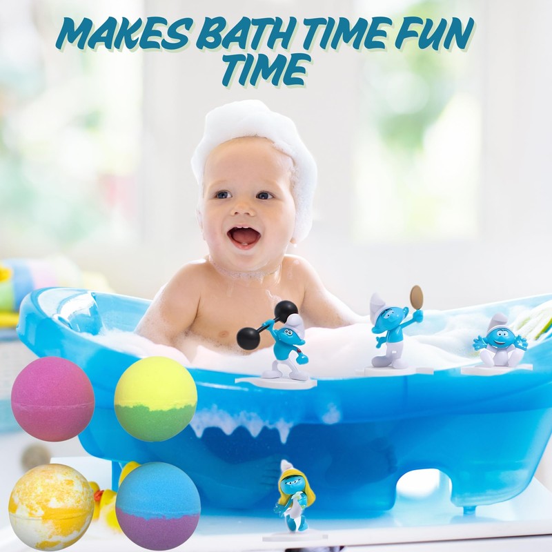 The Smurfs Bath Bombs with Action Figures-Brainy, Handy Smurf, Blossom,