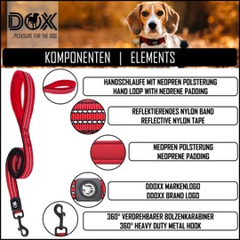 DDOXX Reflective Nylon Dog Lead - 120 cm, Training Lead Dog with Padded Hand Strap for All Dog Sizes - L (Black)