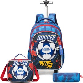 Kids Rolling Football Backpack for Boys Trolley Suitcases Luggage Travel with Wheels Bookbag Wheeled 17" 3PCS Roller Backpacks Toddler Tote Bag Back Pack School Bags Set Elementary Blue