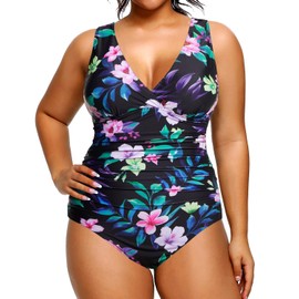 Aqua Eve Women Plus Size One Piece Swimsuits Tummy Control Bathing Suits V Neck Ruched Swimwear Floral 18W