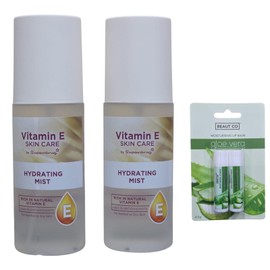 Twin Pack SuperDrug Vitamin E Skin Care Hydrating Facial Mist 150ml WIth Free Aloe Vera lip balm Pack
