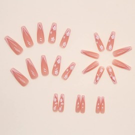 Flower Press on Nails Pink Long Coffin Fake Nails White Flowers Design Stick on Nails Glossy Cute Artificial Square Nails Glue on Nails Spring Pink False Nails With for Women Girls 24Pcs