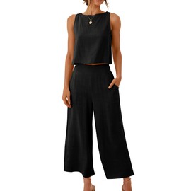 ANRABESS Women's Summer 2 Piece Outfits Sleeveless Crop Top Capri Wide Leg Pants Jumpsuit Casual Linen Lounge Matching Sets Beach Travel 2025 Trendy Clothes Black Medium