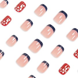 4th of July Press on Nails Short Square French Tip Fake Nails False Nails with Stars Designs Glitter Glossy Glue on Nails Blue Red Acrylic Nails Artificial Nails for Women Girls 24Pcs