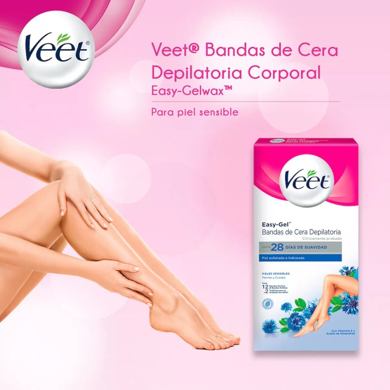 Veet Bandas Depilatorias Corporales Piel Sensible, 12 Piezas